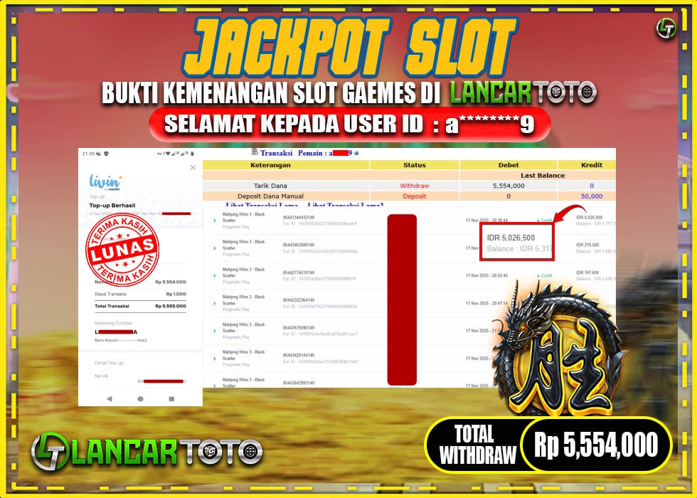 LANCARTOTO JACKPOT GAME MAHJONG WINS 3-BLACK SCATTER! Rp.5,554.000.,- LUNAS